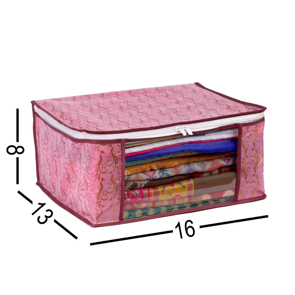 Pink Printed Saree Cover/Cloth Storage/ Organizer with Transparent Window